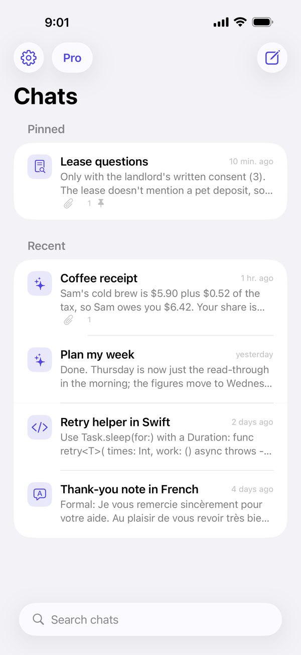 The chat list with a pinned chat and recent chats