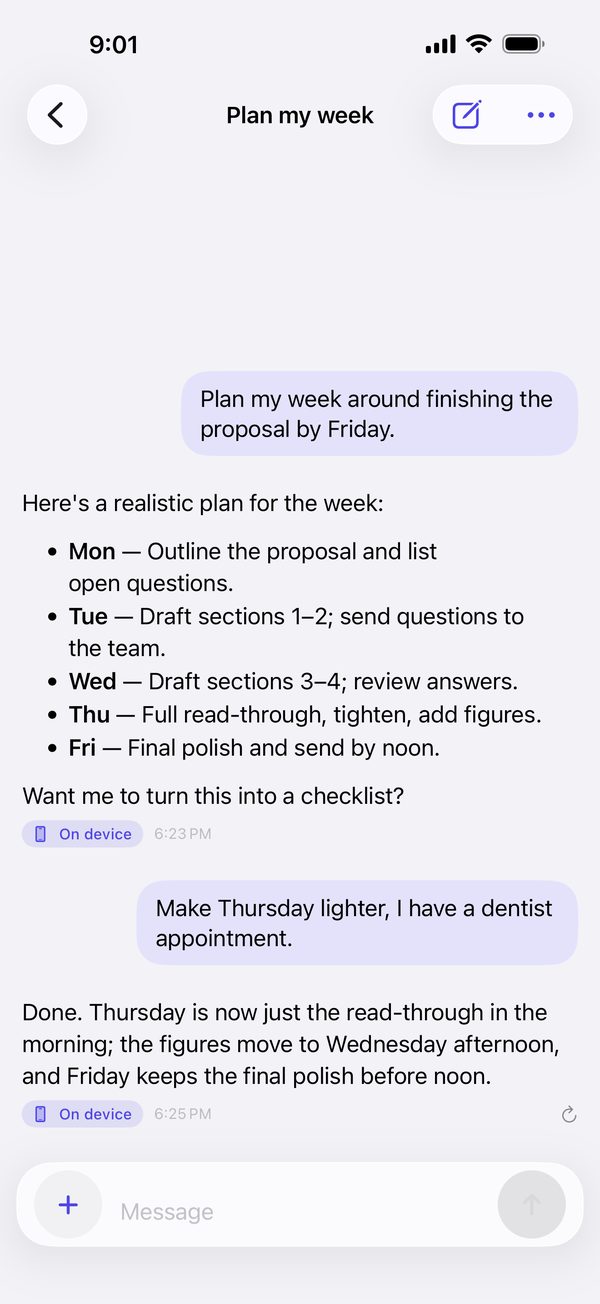 A chat planning the week, with an On device badge under each answer
